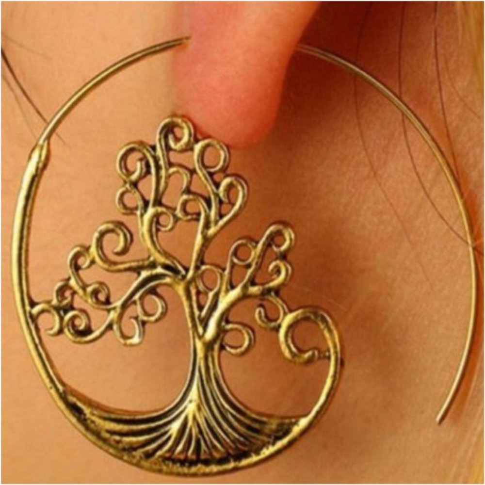 NEW Unusual Large Golden Tree Hoop Earrings